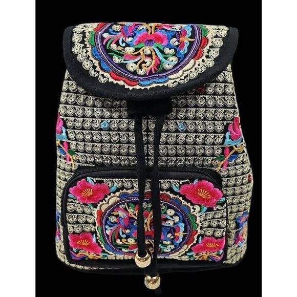 Hand Embroidered 13x9 inch w/Adjustable Straps Colorful Vibrant Backpack - Picture 4 of 9